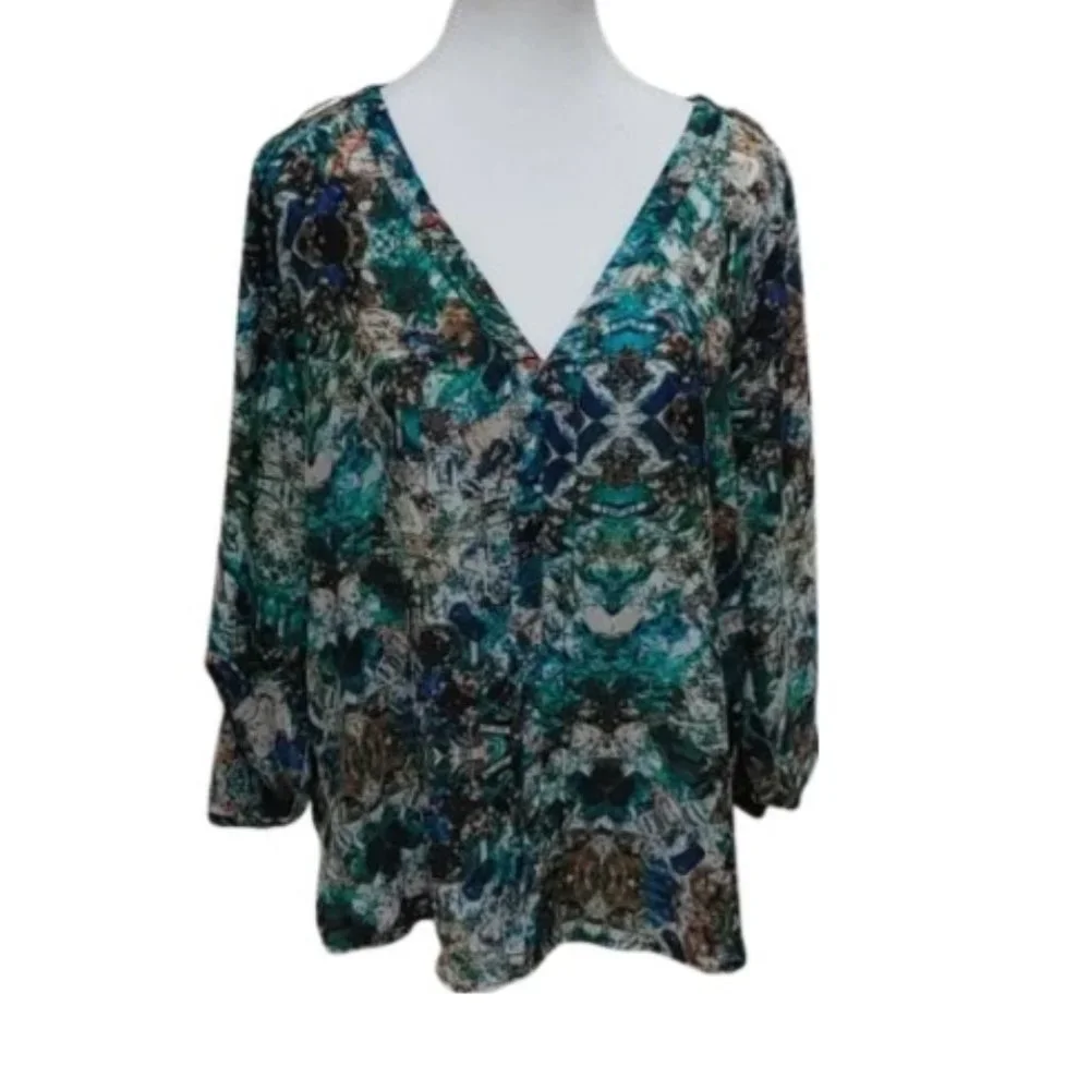 Zara Green Teal Blue Printed V-Neck Blouse - Picture 3 of 15